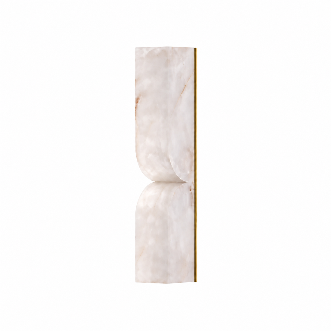 A modern wall sconce featuring a vertical rectangular white marble slab with organic gold veining, mounted on a slim vertical gold metal bar, set against a solid white background.