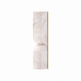 A modern wall sconce featuring a vertical rectangular white marble slab with organic gold veining, mounted on a slim vertical gold metal bar, set against a solid white background.