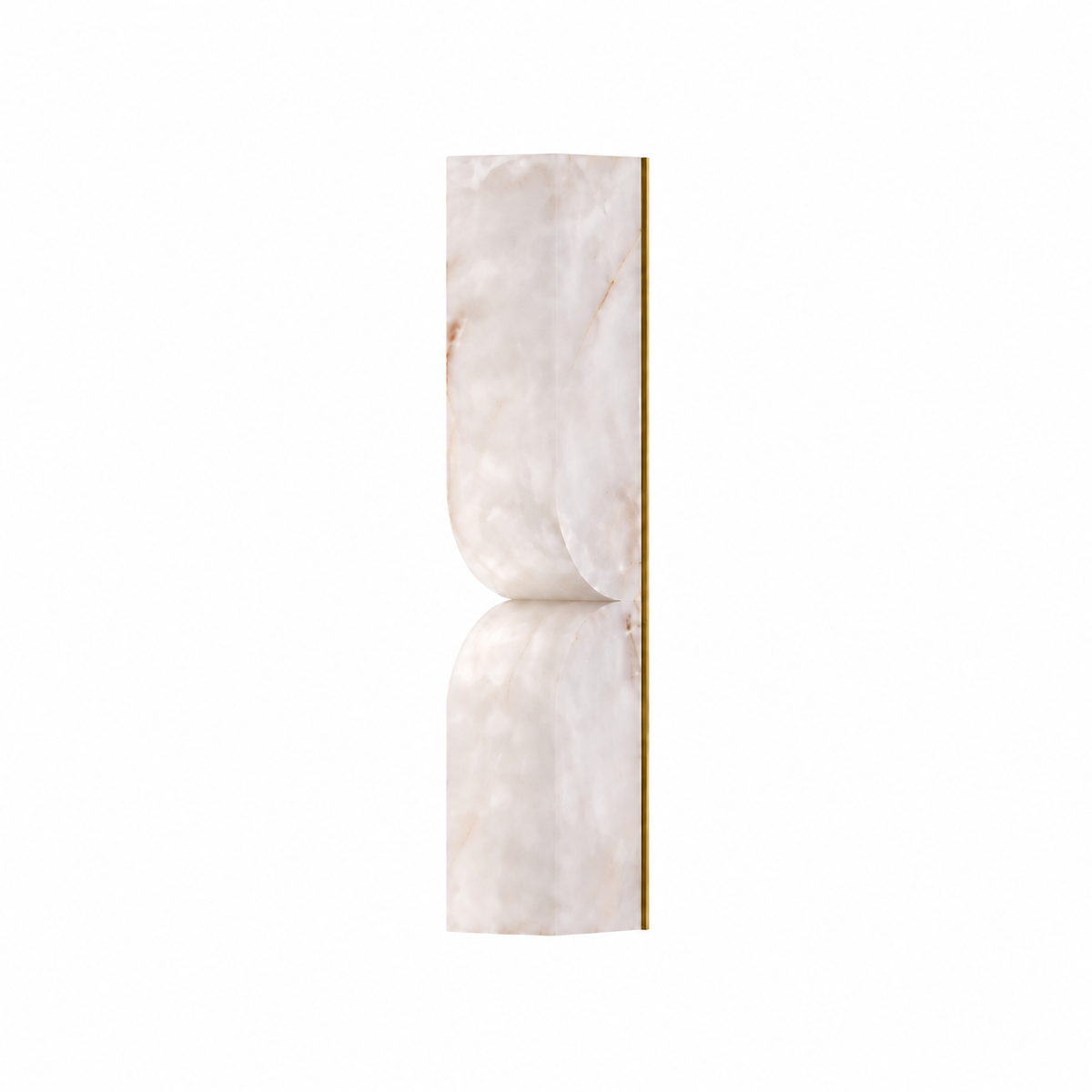 A modern wall sconce featuring a vertical rectangular white marble slab with organic gold veining, mounted on a slim vertical gold metal bar, set against a solid white background.