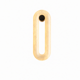 A minimalist, modern wall sconce featuring a rounded, elongated oval frame in a brushed gold finish with a central circular cutout, shown against a solid white background.