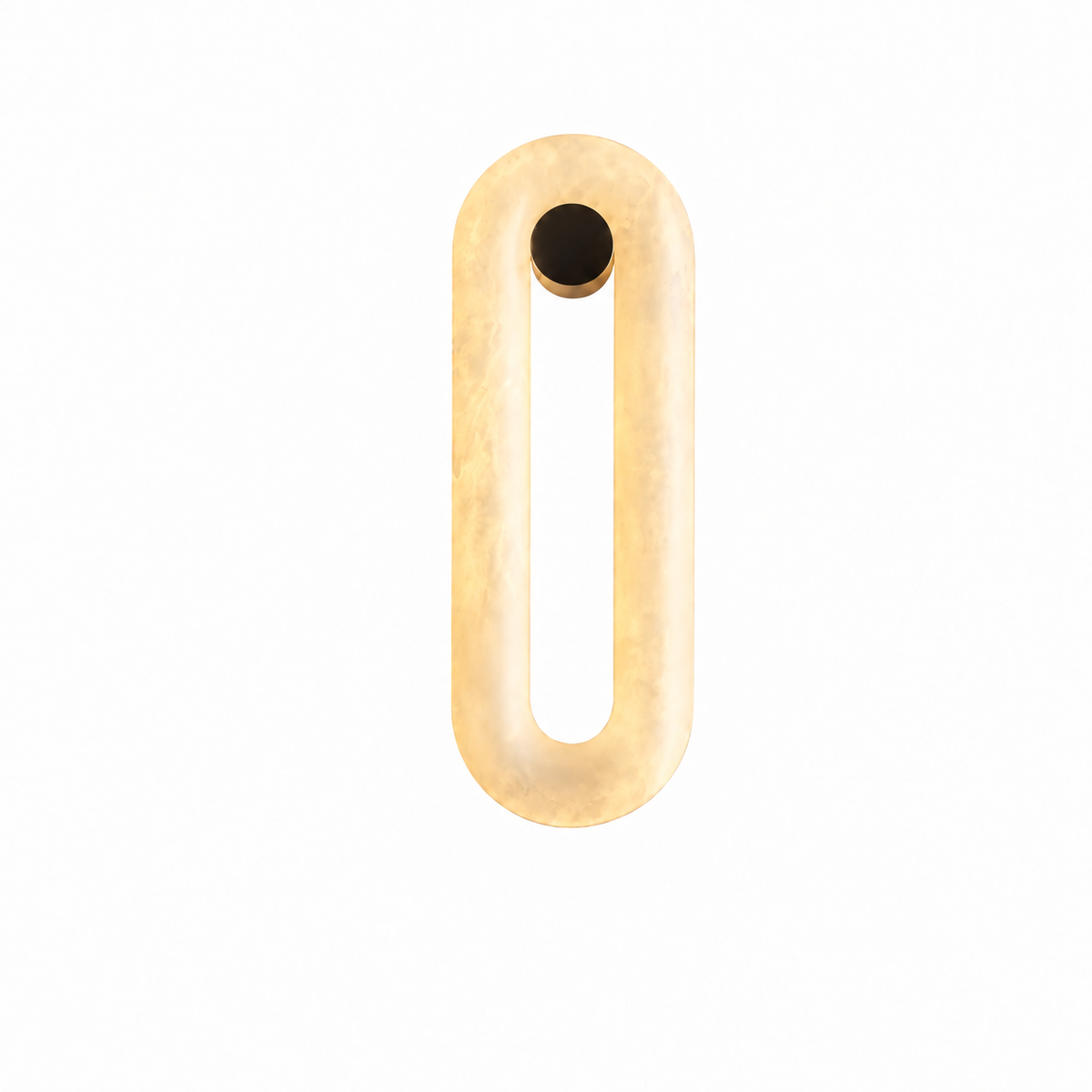 A minimalist, modern wall sconce featuring a rounded, elongated oval frame in a brushed gold finish with a central circular cutout, shown against a solid white background.