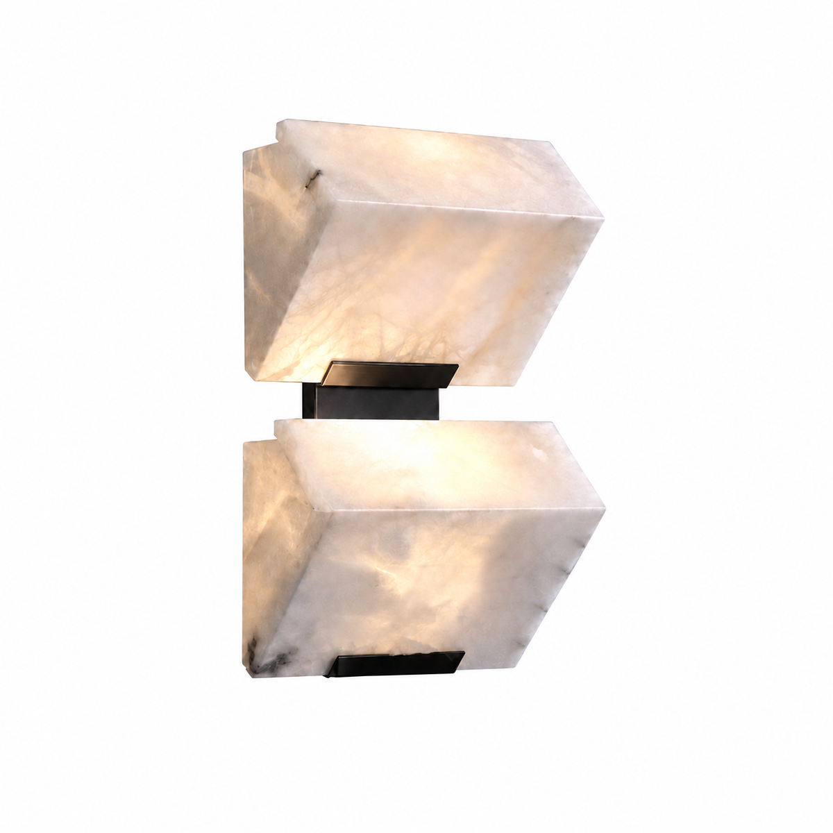 A modern two-light wall sconce featuring illuminated translucent white stone blocks with black metal accents, shown against a solid white background.