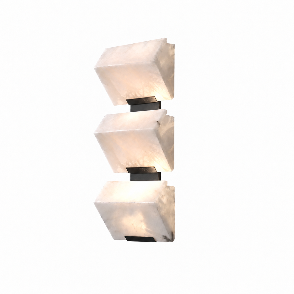 A modern three-light wall sconce featuring textured white stone or marble cube shades with black metal brackets, shown against a plain white background.