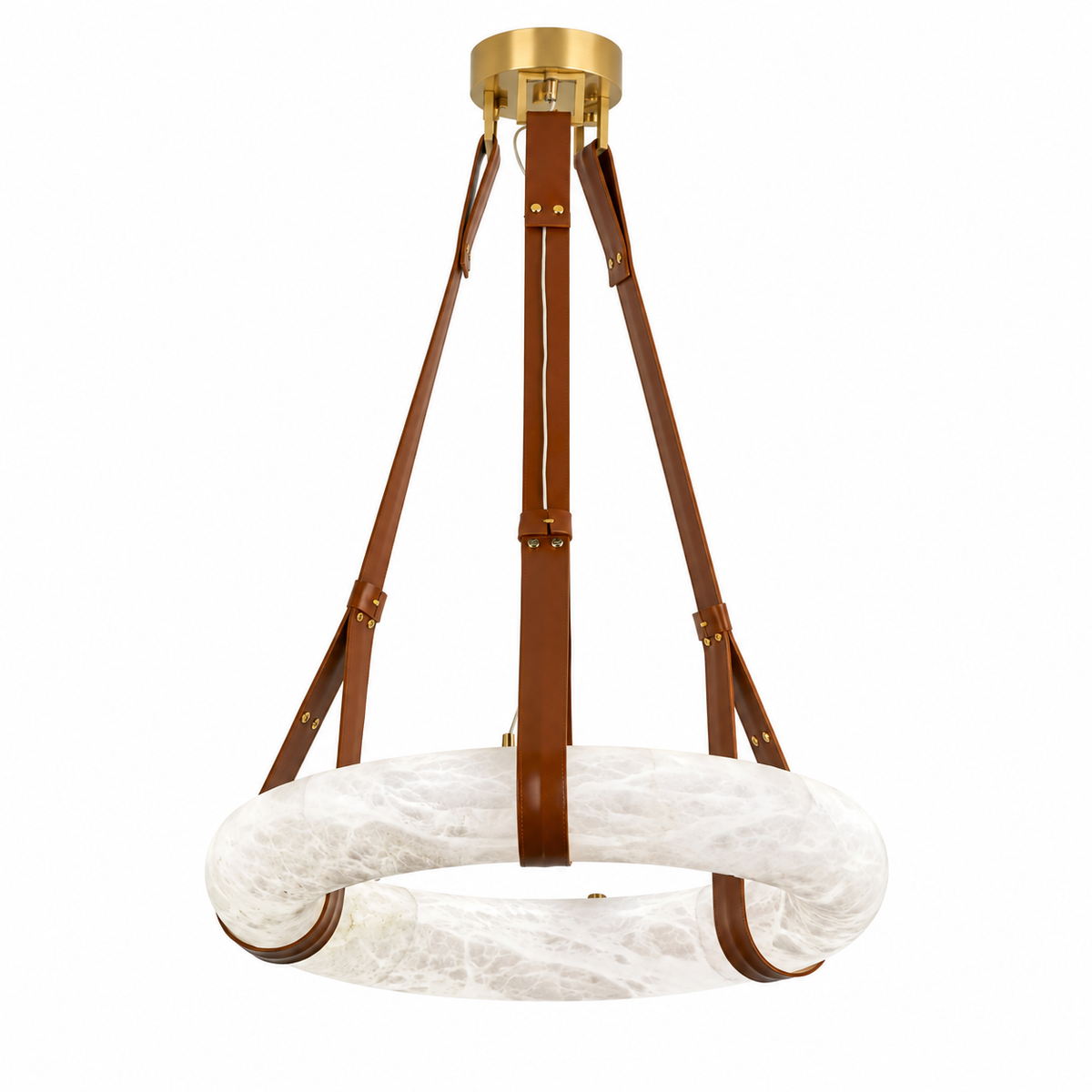 Alabaster ring chandelier with brown leather straps and brass ceiling hardware against a white background.