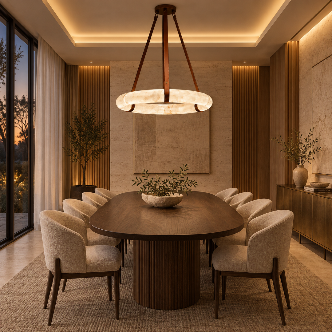 A modern dining room featuring a large oval wooden dining table surrounded by eight upholstered chairs, under a large circular chandelier. The room has warm wood paneling, a textured beige wall, and large windows showing a sunset view.