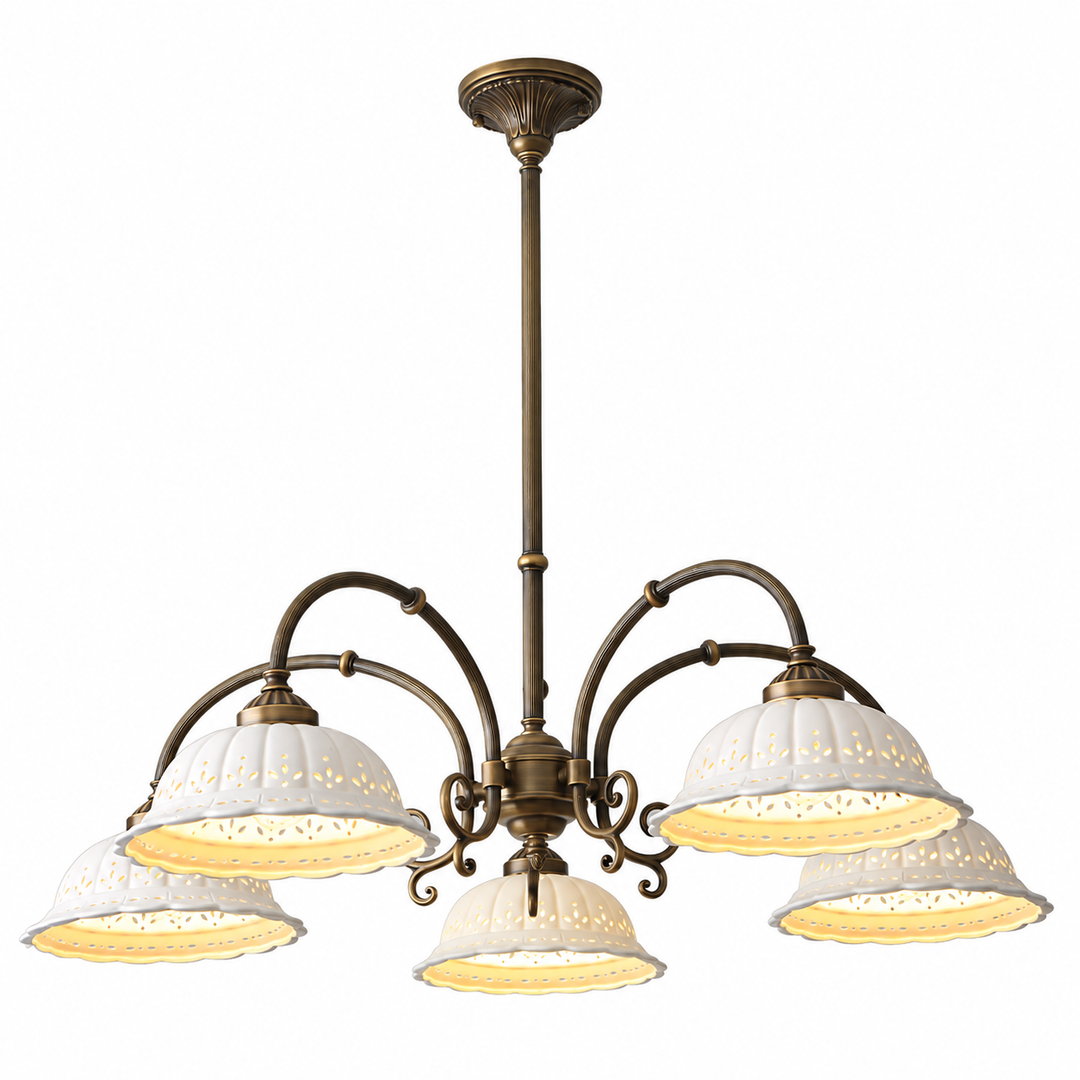 A five-light vintage-style chandelier with an antique bronze metal frame and white textured glass shades, shown against a plain white background.