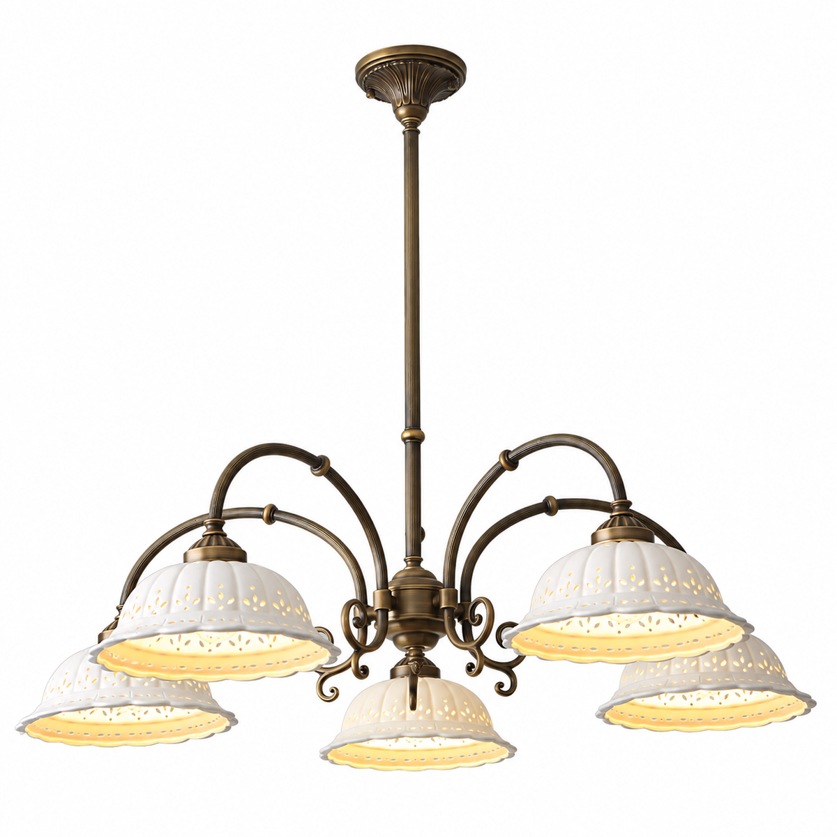 A five-light vintage-style chandelier with an antique bronze metal frame and white textured glass shades, shown against a plain white background.