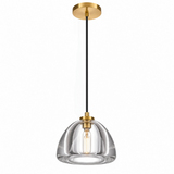 A modern pendant light fixture with a clear glass dome shade, a black cord, and gold-finished metal hardware including a circular ceiling canopy and decorative collar accents.