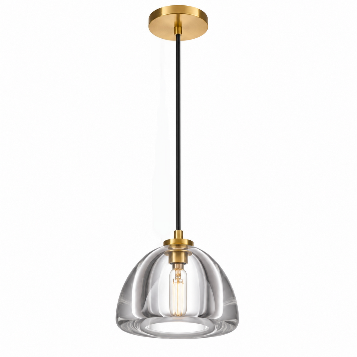 A modern pendant light fixture with a clear glass dome shade, a black cord, and gold-finished metal hardware including a circular ceiling canopy and decorative collar accents.