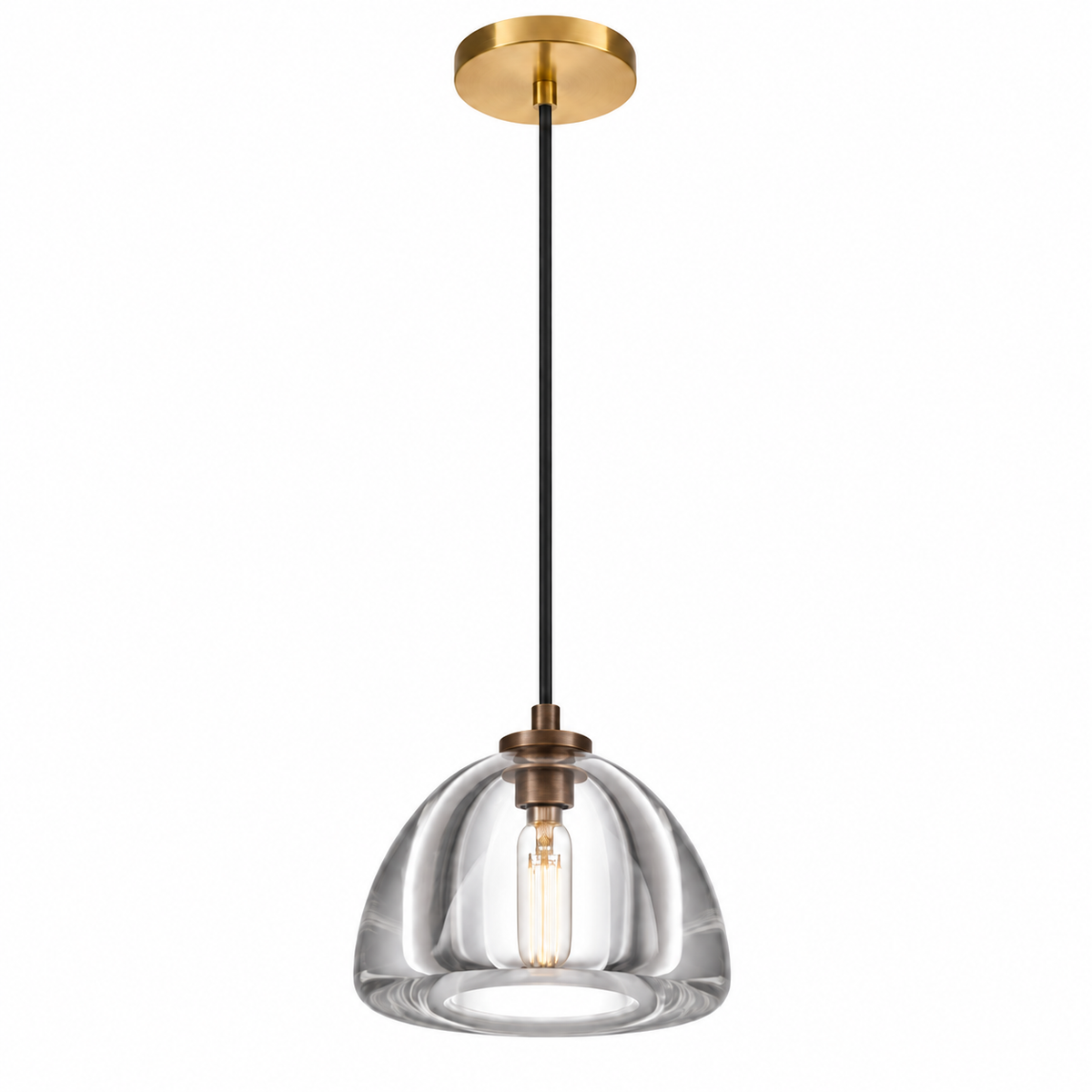 A modern pendant light with a clear glass dome shade, a black cord, and antique brass hardware, shown against a plain white background.