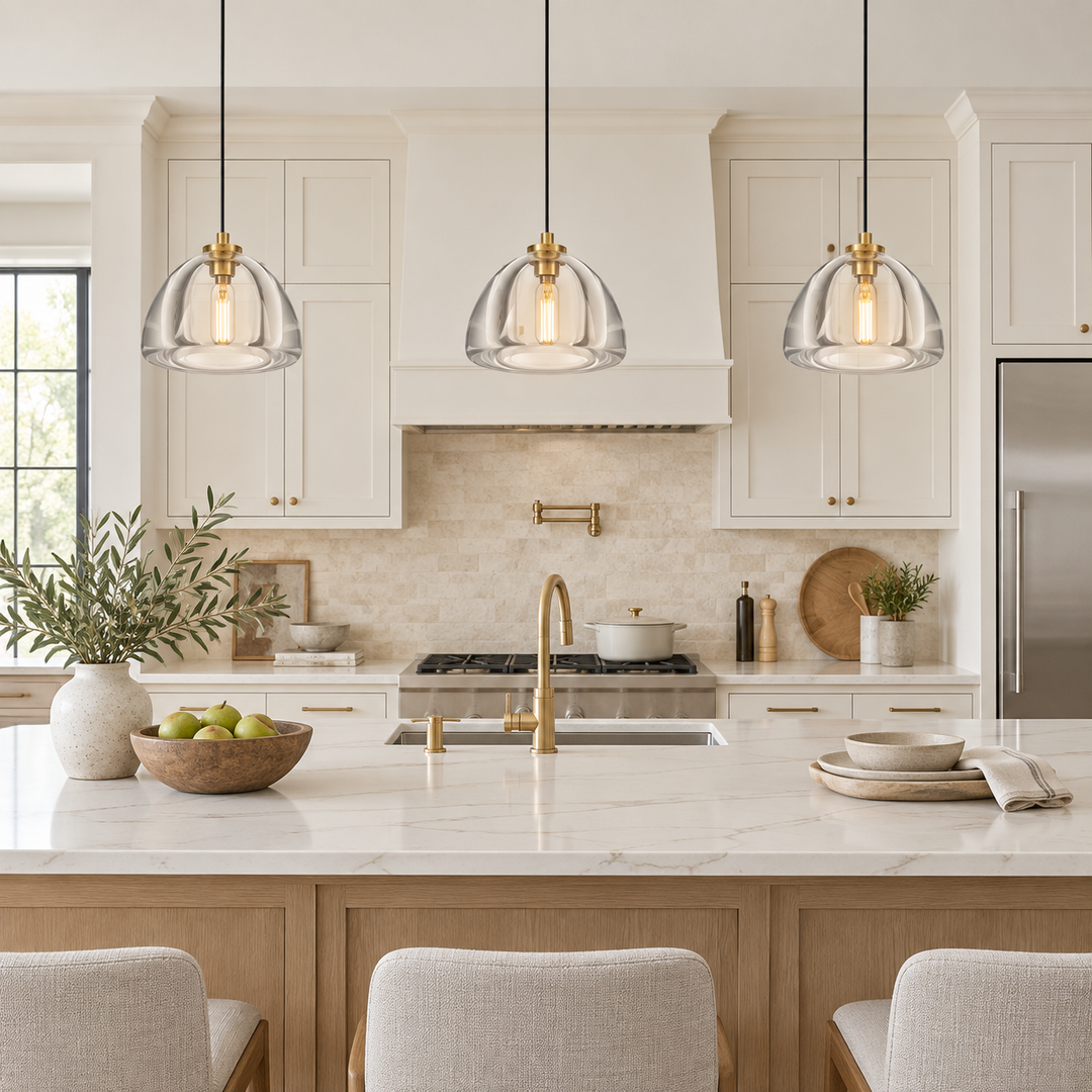 Three modern pendant lights with clear glass dome shades and brushed brass hardware hang over a white marble kitchen island in a bright, contemporary kitchen with cream cabinets and gold fixtures.