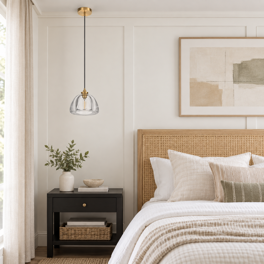 A modern bedroom scene featuring a clear glass dome pendant light with a brass cap hanging above a dark wood nightstand. The bedroom has a bed with neutral beige and white bedding, a woven rattan headboard, and a light cream paneled wall with framed abstract art.