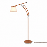 An adjustable floor lamp with a warm brown wood-look finish, featuring two articulated arms, a conical shade, and a circular base, shown against a plain white background.