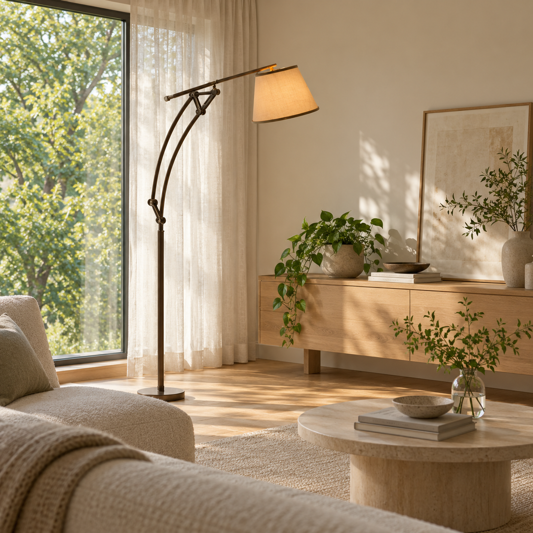 A modern floor lamp with a dark metal frame and a warm beige fabric shade stands in a sunlit living room beside a beige sofa and wooden sideboard.