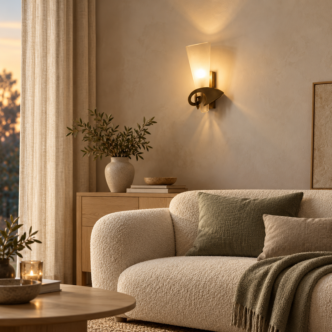 A warm brass wall sconce with a frosted glass shade mounted on a textured beige wall above a cream bouclé sofa in a cozy living room setting.