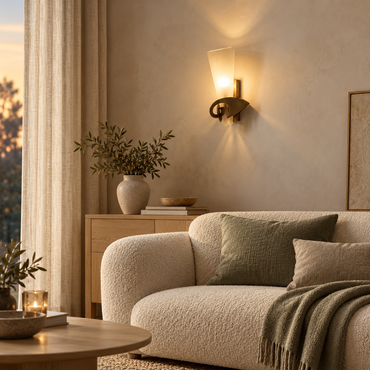 A warm brass wall sconce with a frosted glass shade mounted on a textured beige wall above a cream bouclé sofa in a cozy living room setting.