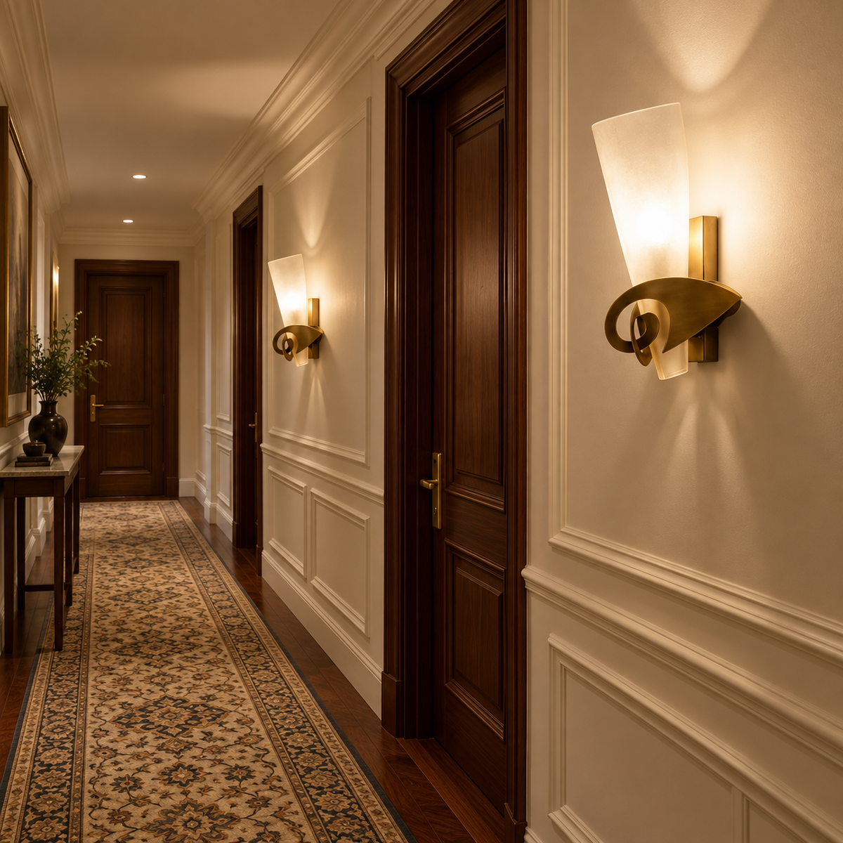 A warm, elegant hallway with dark wood doors, white wainscoting, a patterned runner rug, and two illuminated wall sconces mounted on the cream-colored walls.