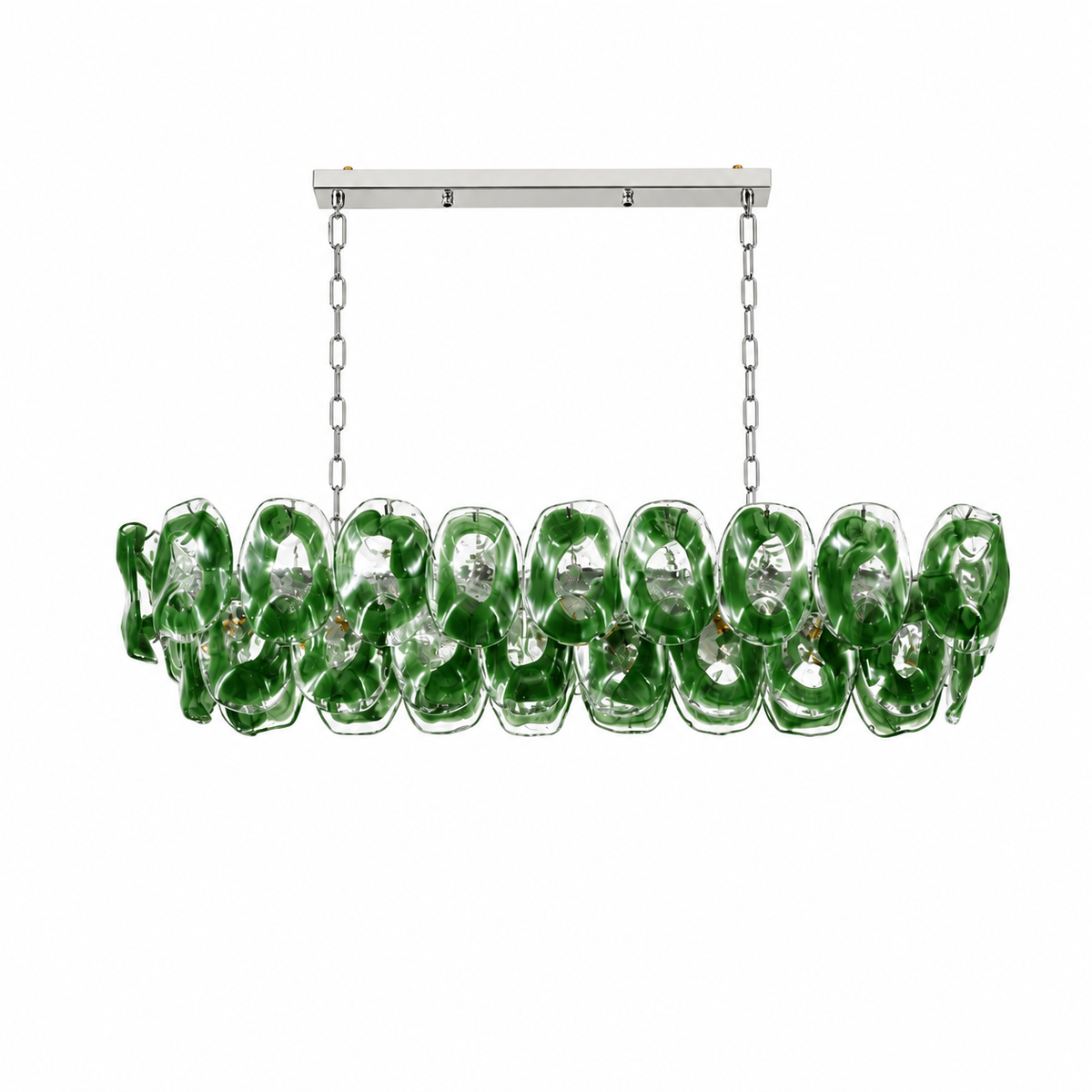 A front view shows the green glass linear chandelier suspended from two chains beneath a rectangular canopy against white.