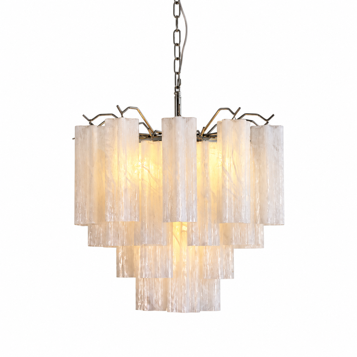 A modern multi-light chandelier with layered cylindrical glass shades and a brushed metal frame, shown illuminated against a plain white background.