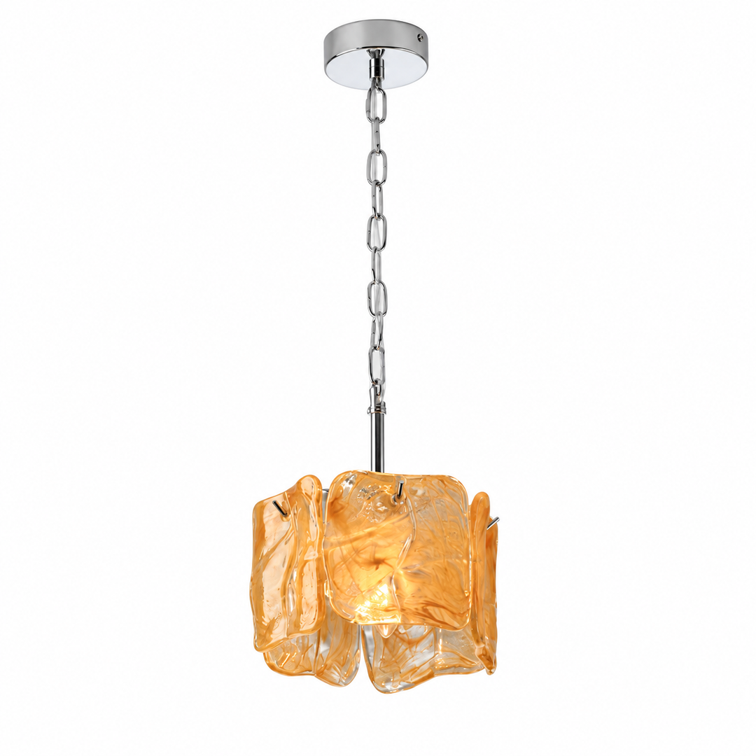 A modern pendant light with a textured, organic-shaped amber glass shade and a polished chrome chain and ceiling canopy, shown against a plain white background.