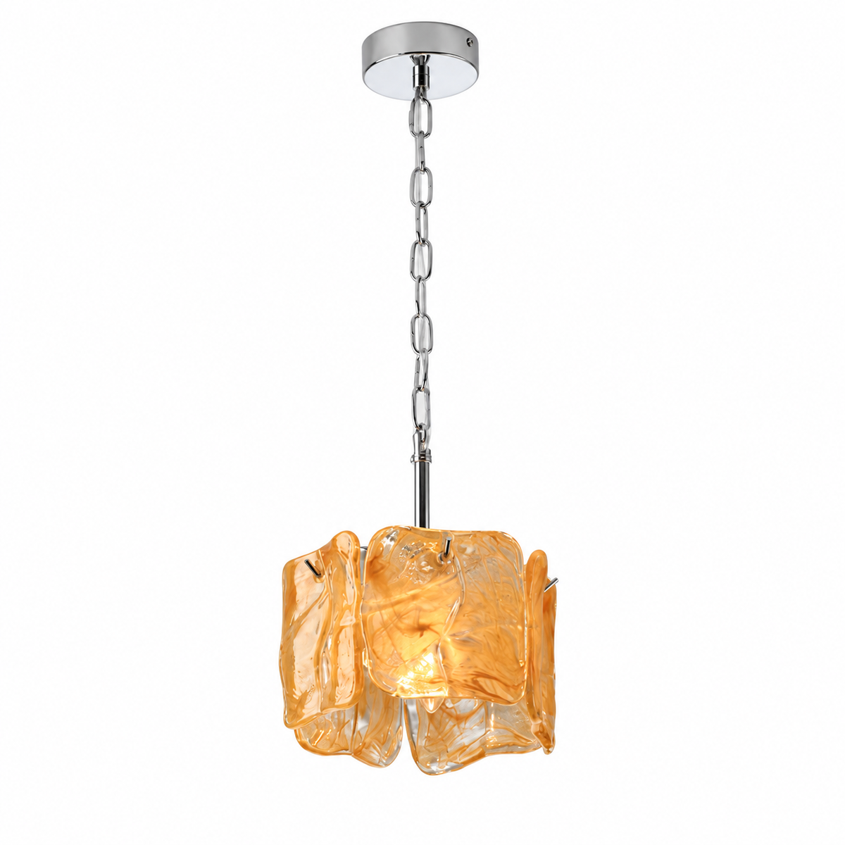 A modern pendant light with a textured, organic-shaped amber glass shade and a polished chrome chain and ceiling canopy, shown against a plain white background.