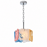A modern multi-colored glass pendant light with a polished chrome chain and ceiling canopy, featuring three distinct glass shades in blue, pink, and orange-yellow.