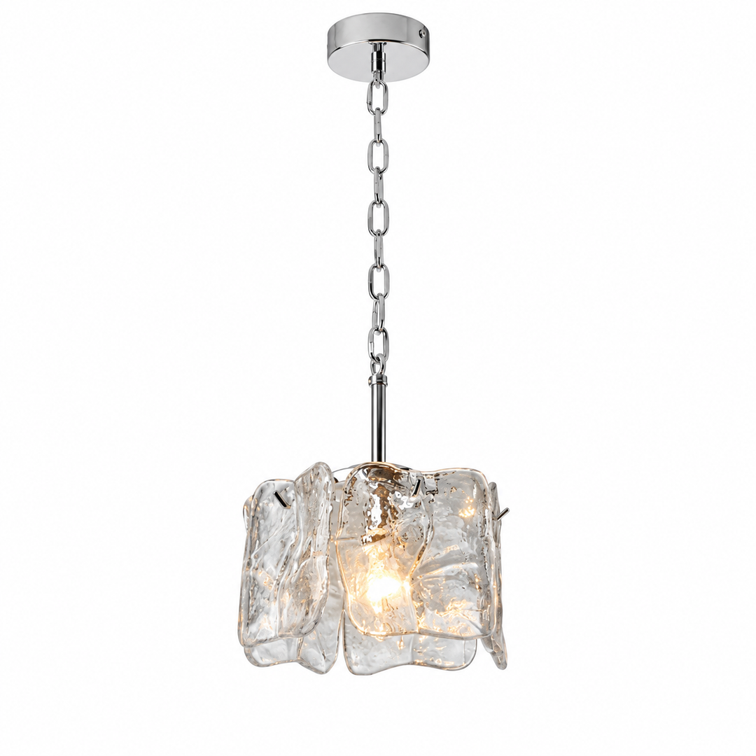 A modern pendant light fixture with a polished silver-tone chain and ceiling canopy, featuring a cluster of irregular, textured clear glass shades that glow with warm light from within, shown against a plain white background.