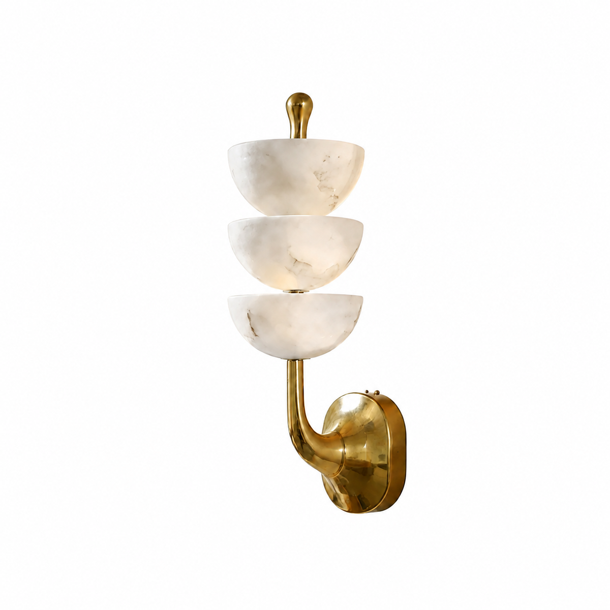 A modern wall sconce featuring three stacked, bowl-shaped white marble shades on a curved brass metal arm with a round wall mount, shown against a plain white background.