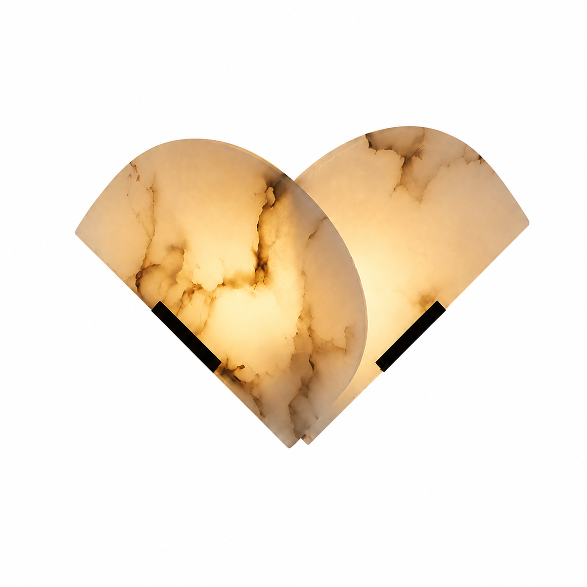 A pair of heart-shaped wall sconces made from warm-toned marble, glowing with a soft golden light, mounted on a clean white background.