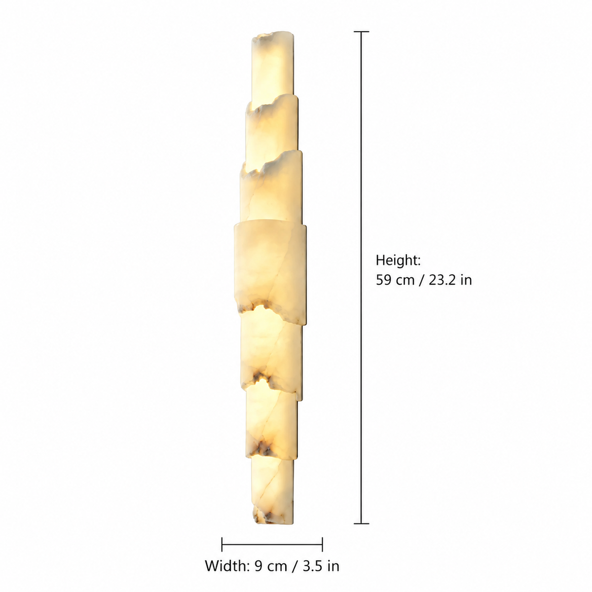Tall narrow alabaster wall sconce of stacked segments glowing warm white, 23.2 inches high and 3.5 inches wide.