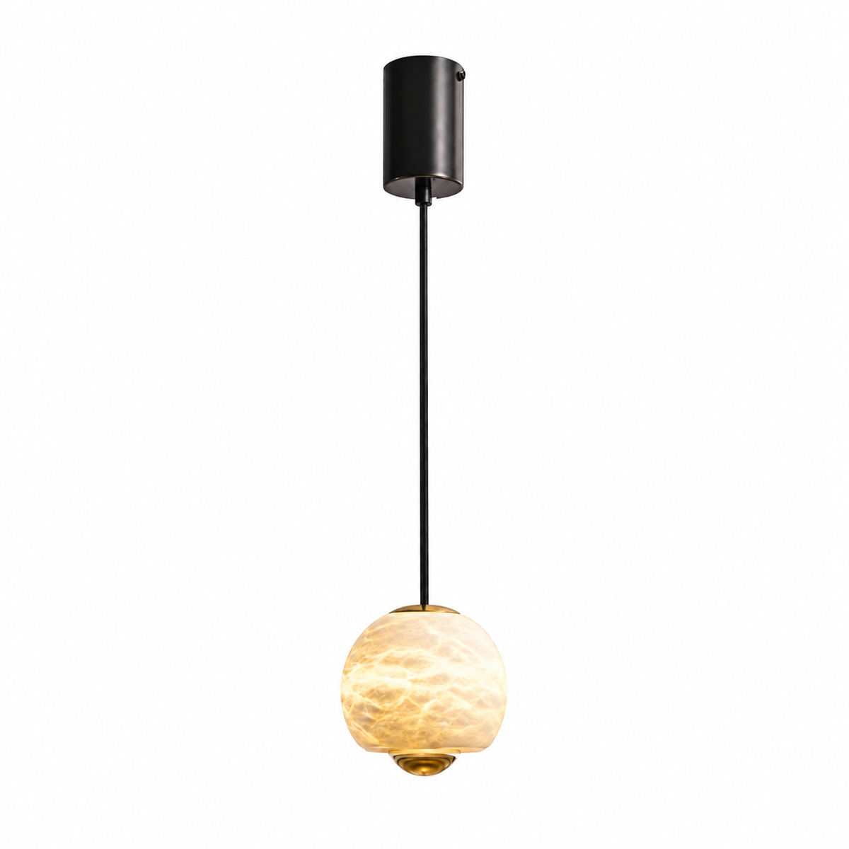 A modern pendant light with a matte black cylindrical ceiling canopy, a slim black cord, and a glowing warm white textured glass globe shade with a gold-toned accent at the bottom.