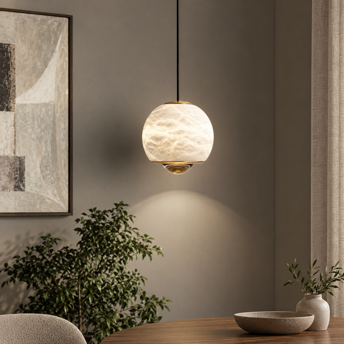 A modern pendant light with a textured, frosted glass globe shade and brass hardware, hanging in a styled dining room setting with a wooden table, bowl, and potted plant.