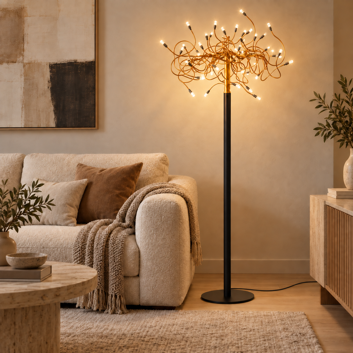 A modern floor lamp with a black pole and a branching gold-toned metal frame holding many small warm white bulbs, placed in a styled living room beside a cream sofa and wood furniture.
