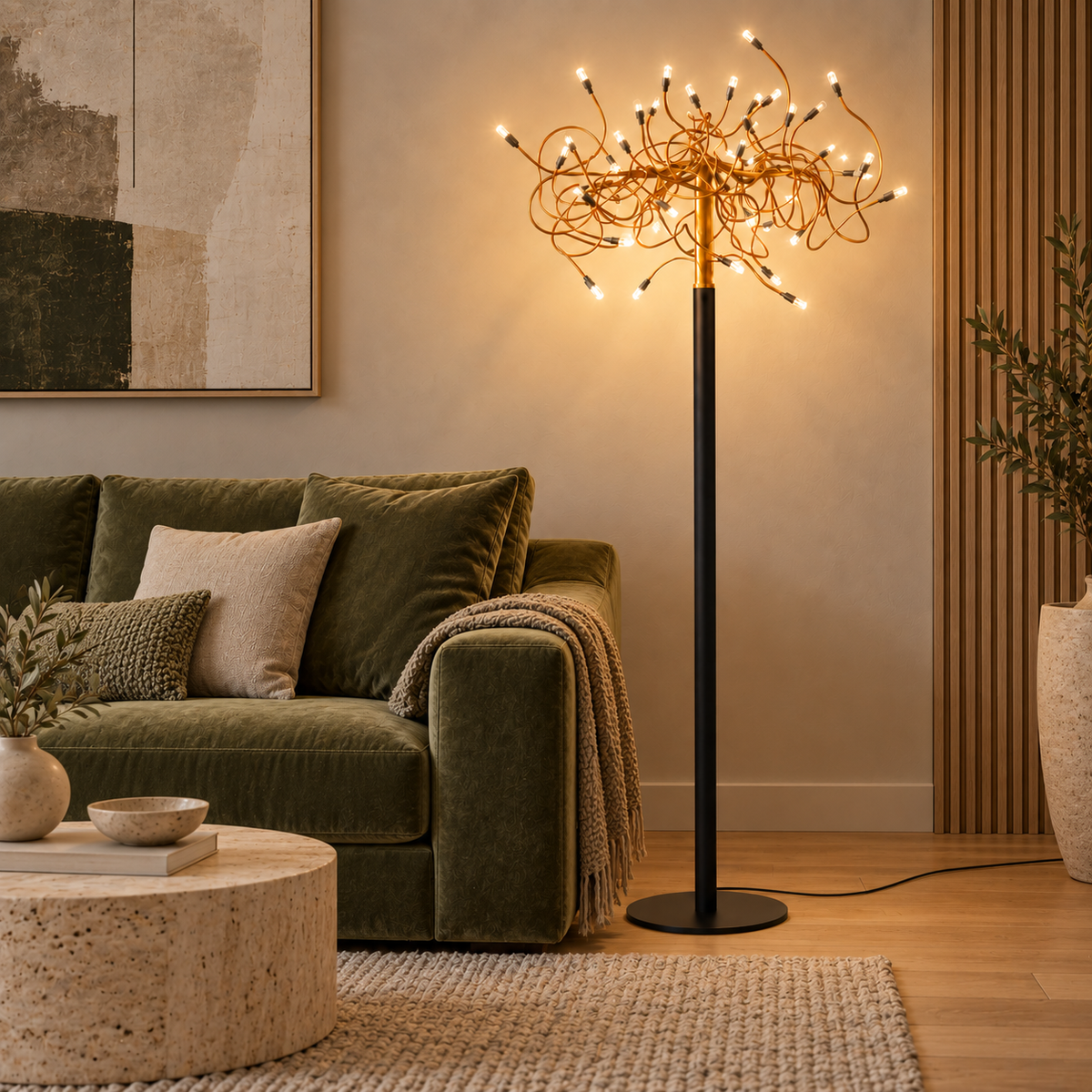 A modern floor lamp with a black pole and a branching gold-toned metal frame holding many small warm white bulbs, placed in a styled living room beside a green sofa.