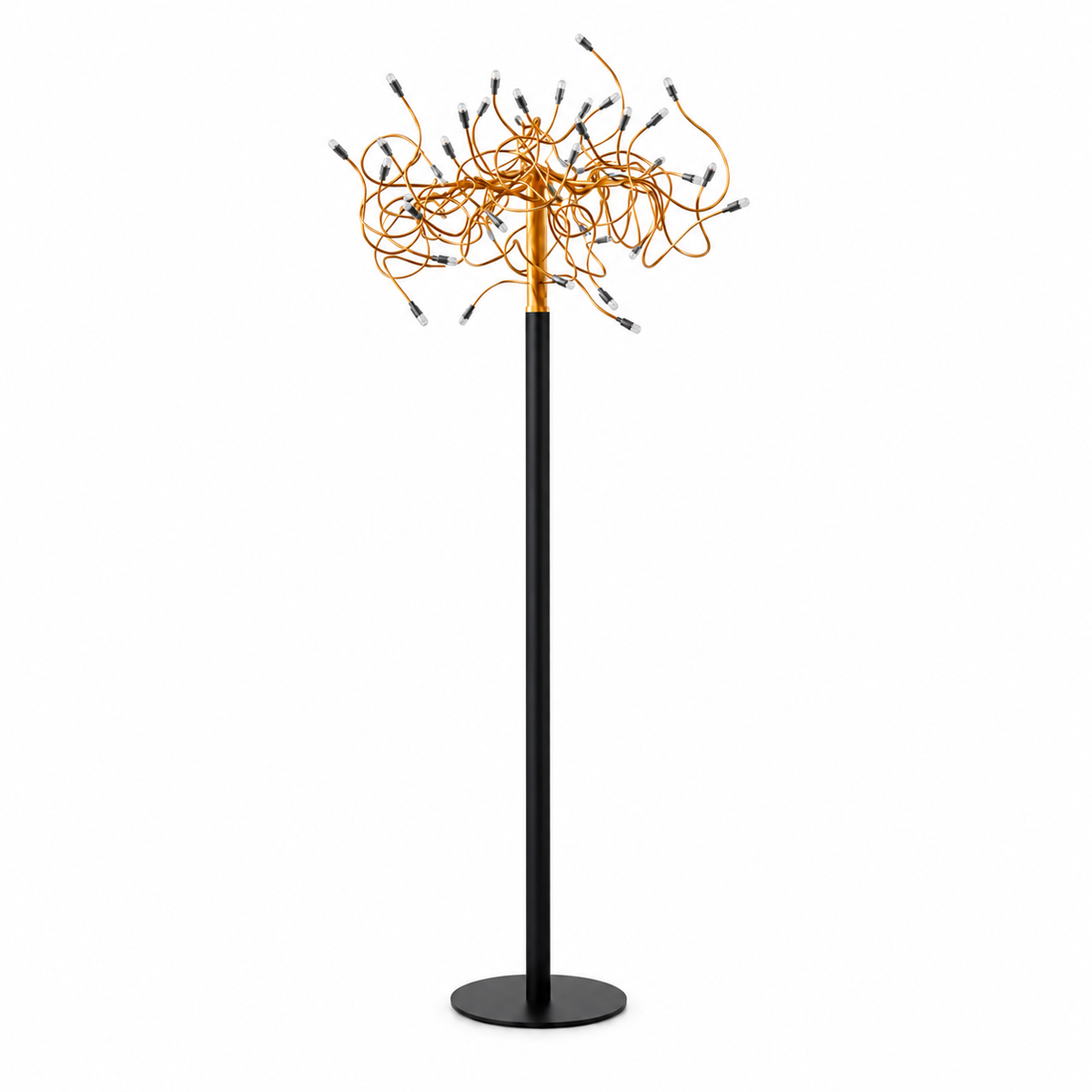 A modern floor lamp with a tall black pole and circular base, topped with a cluster of orange cords holding many small light bulbs, shown on a plain white background.