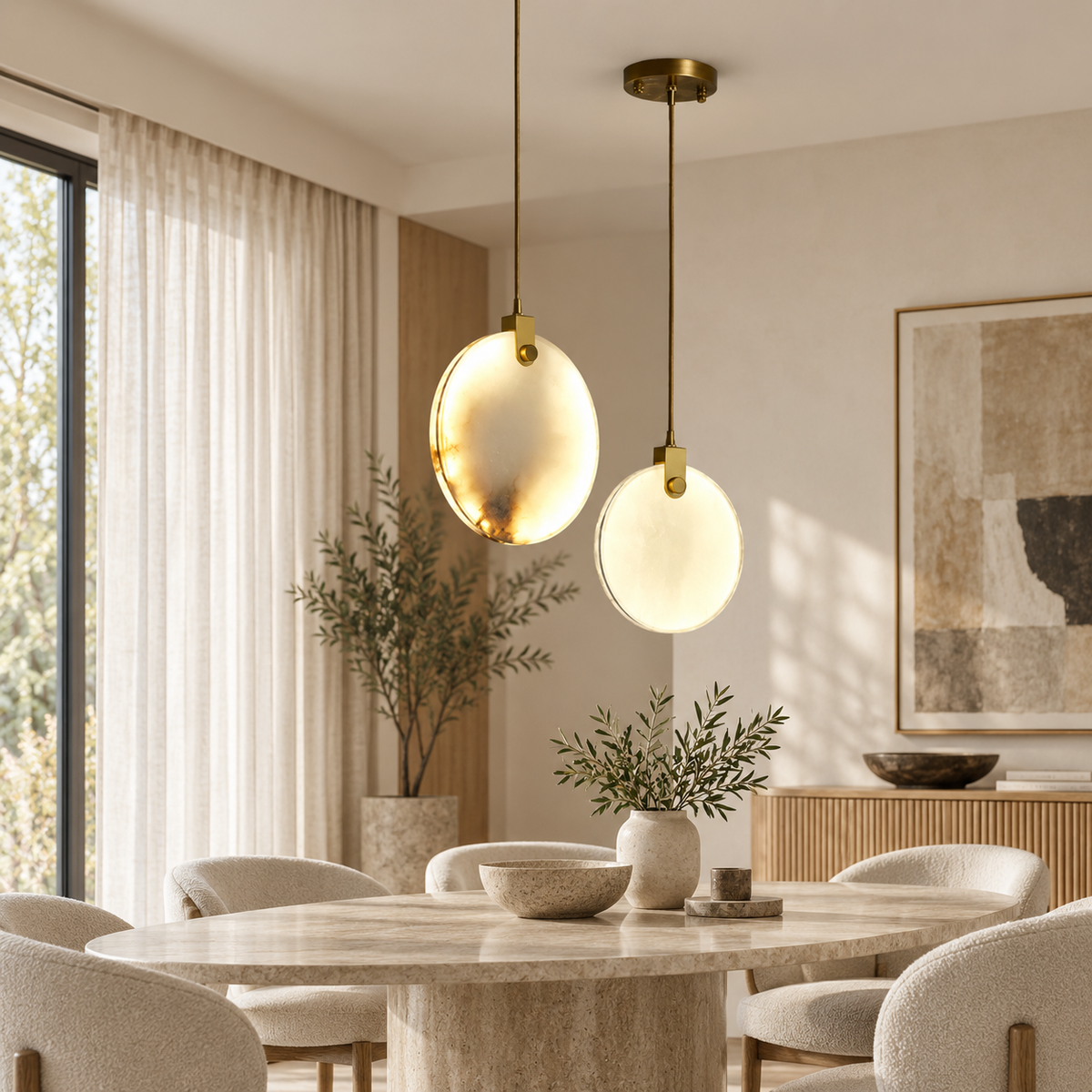 Two modern pendant lights with oval frosted glass shades and brushed brass hardware hang over a round dining table in a bright, contemporary dining room.
