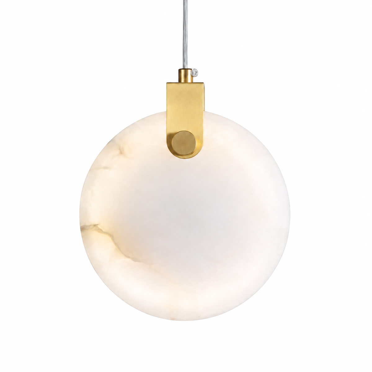 A modern pendant light featuring a large, round, frosted off-white glass shade with subtle warm yellow veining, suspended by a polished brass bracket and cord against a solid white background.