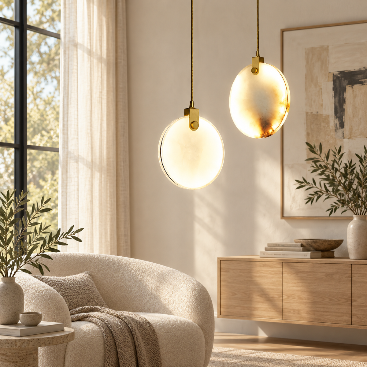 Two modern pendant lights hang in a bright, contemporary living room. One light has a warm, brushed gold finish, while the other has a frosted white glass globe shade.
