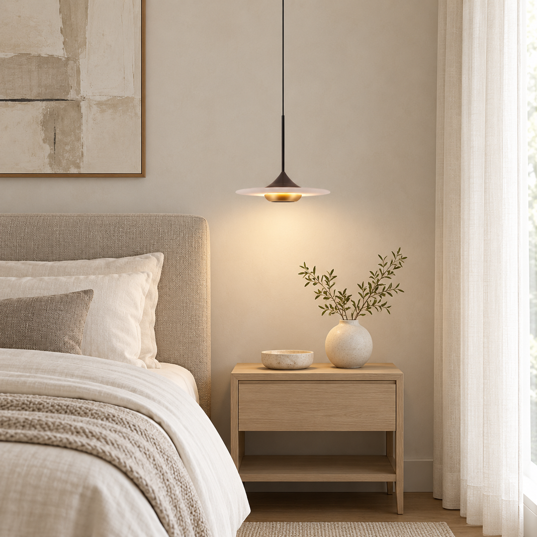 A modern pendant light with a white conical shade and a warm gold-toned interior, hanging over a light wood nightstand in a softly lit bedroom.
