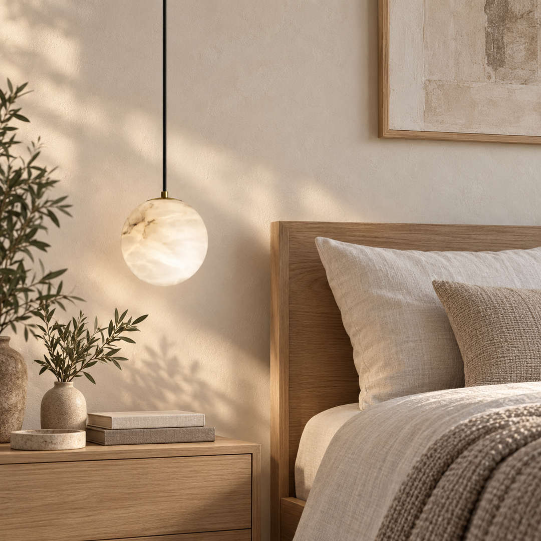 A modern pendant light with a spherical white marble globe shade hangs over a bed in a softly lit bedroom. The scene includes a wooden headboard, neutral bedding, a matching nightstand, and a potted plant, with warm sunlight casting shadows across the wall.
