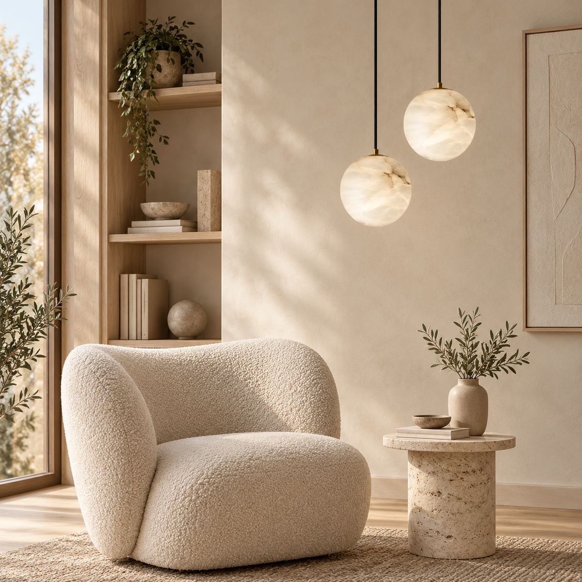 A modern beige boucle armchair in a warm, sunlit minimalist living room with a marble side table, hanging pendant lights, and a built-in wooden shelf.