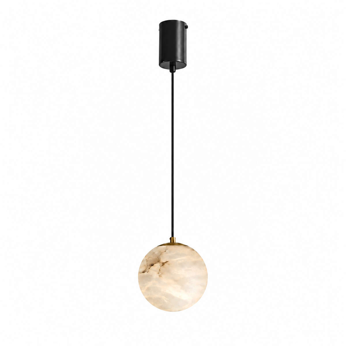 A modern pendant light with a black cylindrical ceiling canopy and cord, featuring a spherical warm white marble shade with natural veining, shown against a solid white background.