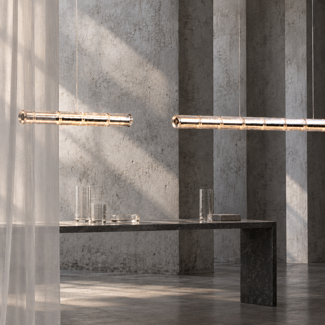 Two illuminated glass linear chandeliers hang above a dark stone table beside sheer curtains and concrete walls.