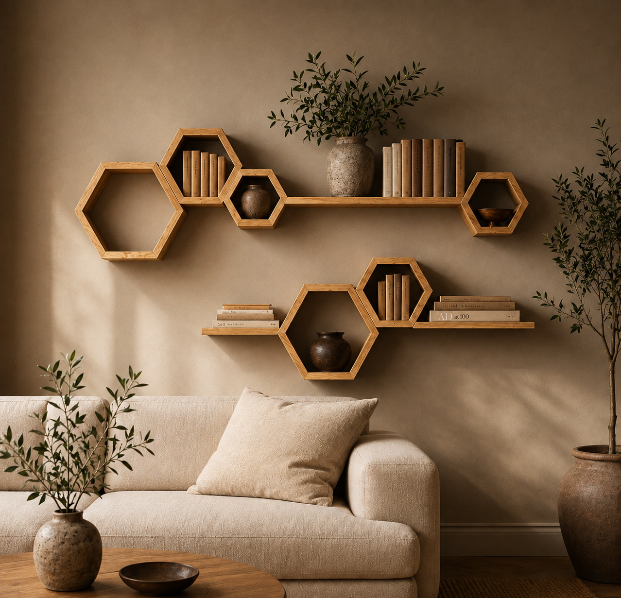 A styled living room scene with a beige sofa, decorative hexagonal wall shelves, books, vases, and potted plants against a warm beige wall.