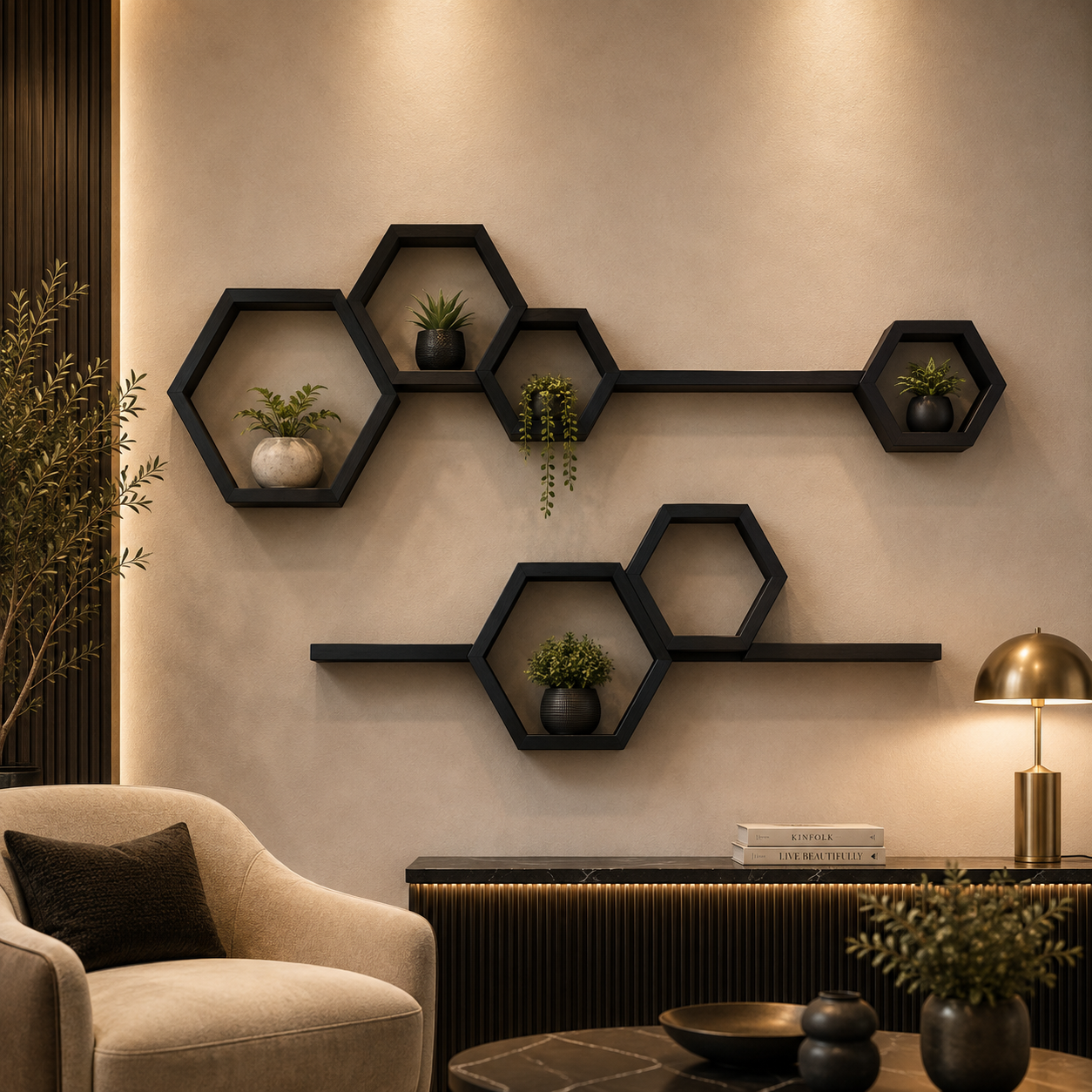 Nine-piece matte black hexagon and ledge wall shelf set in two runs on a warm beige living room wall, holding potted ferns and a trailing plant above a dark console