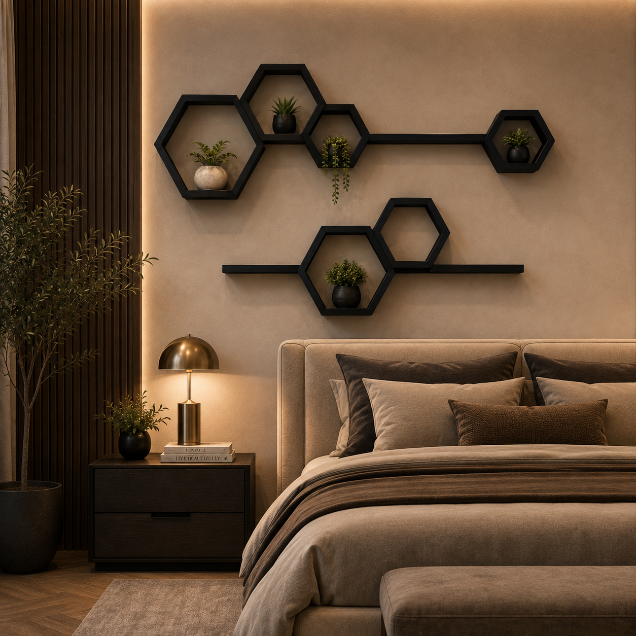 The same nine-piece matte black hexagon shelf set mounted above a bed, planted with small ferns, beside a brass table lamp on a dark wood nightstand