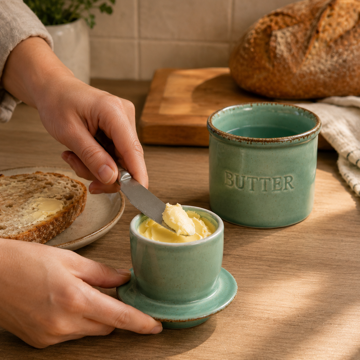 Water-Seal Butter Crock with Lid, Reactive Glaze Ceramic Keeper