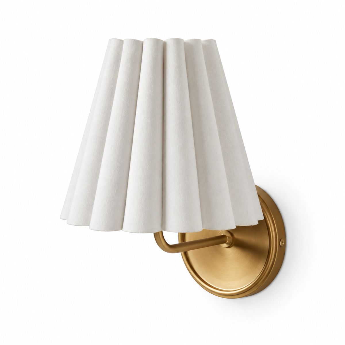 A wall-mounted sconce with a pleated white fabric shade and a brushed gold metal wall mount, shown against a plain white background.