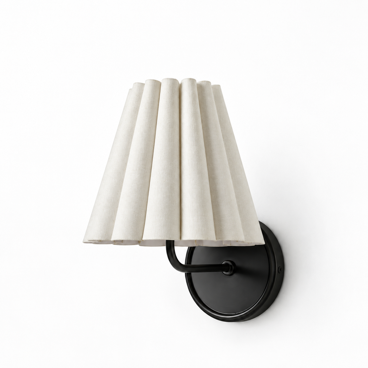 A modern wall-mounted sconce with a pleated off-white fabric shade and a matte black metal wall mount, shown against a plain white background.