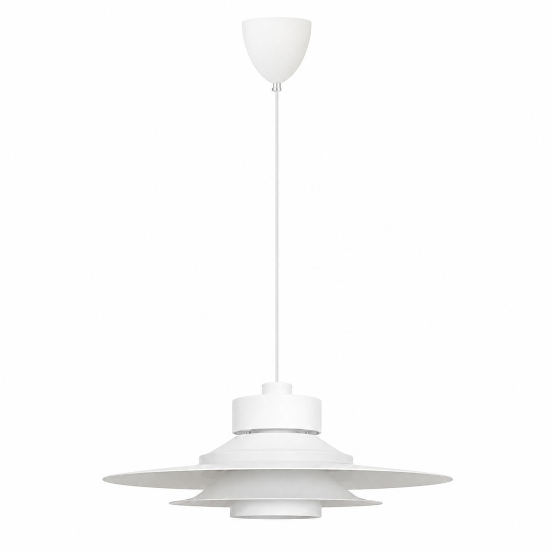 A modern white pendant light fixture with a wide, layered disc shade and a matching white ceiling canopy and cord, shown against a solid white background.